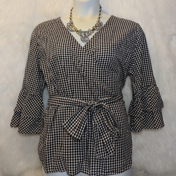 beachlunchlounge Tops - Beachlunchlounge Black & White Checker Wrap Blouse